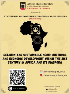 graphic with illustration of the African continent, text and QR code