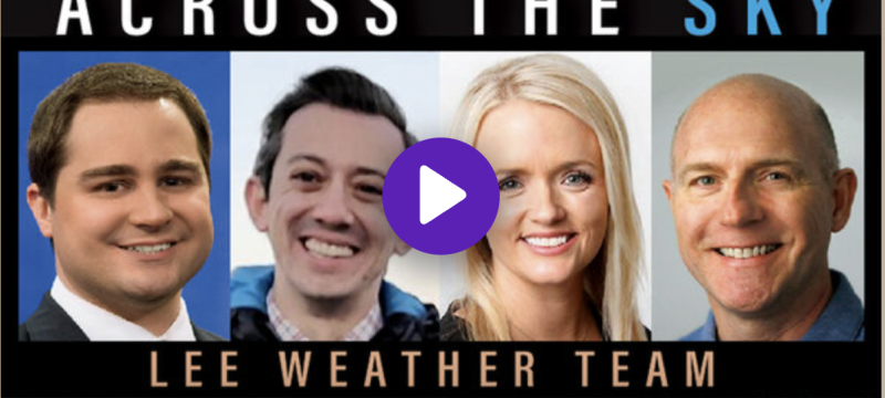 graphic with photos of four people, stormy skies, play button