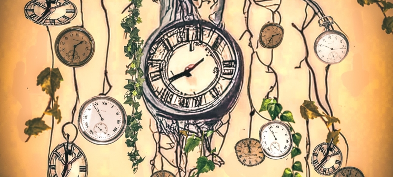 illustration with plants, roots and clocks