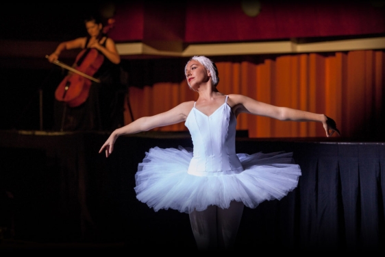 photo of ballerina, with cellist in the background