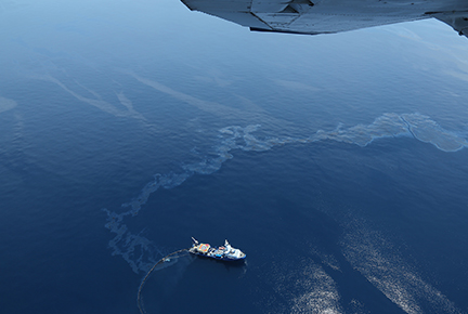 oil sheen on water from the air