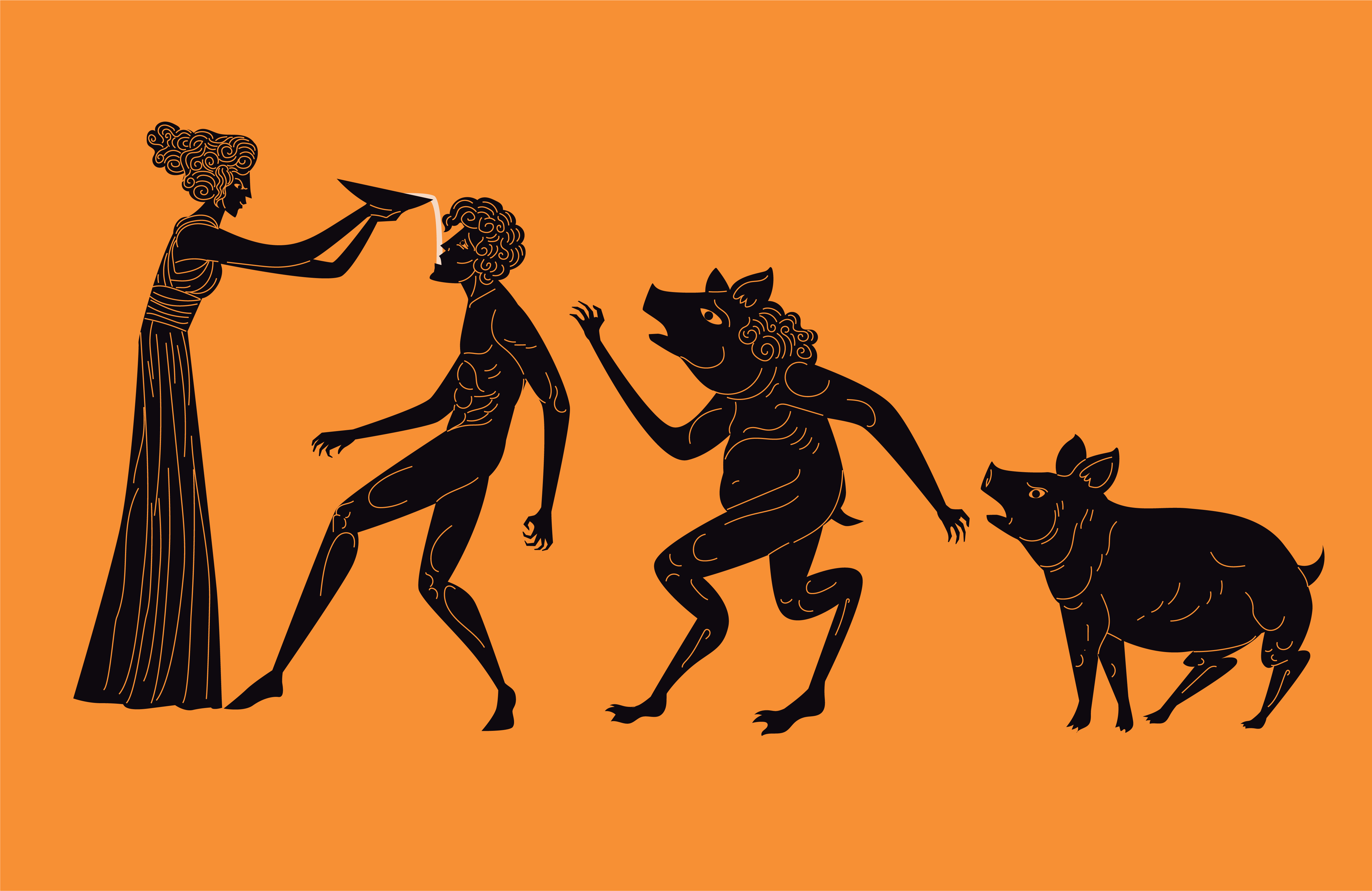 image from Ancient Greece of circe and men and pigs