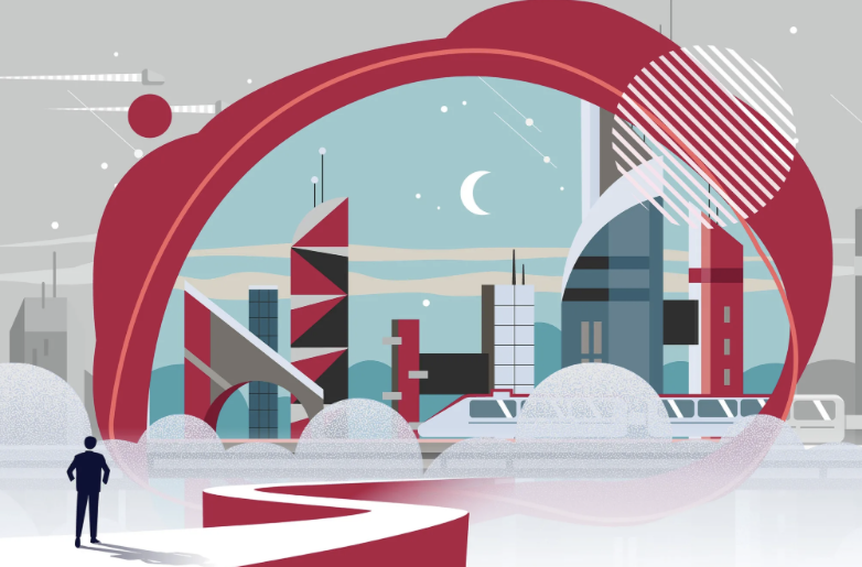 graphic illustration with city scape and red colors