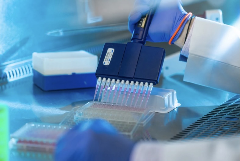 Photo showing laboratory research, hand with pipette holder.