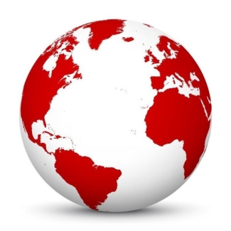 globe with the continents in red