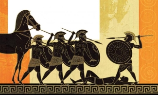 artwork graphic of Greeks with spears and horse