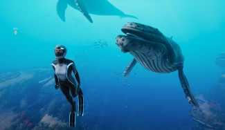 CGI image of whale and diver in the deep sea