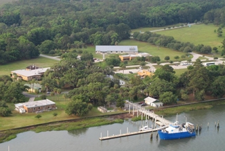 aerial view of dock with research vessel