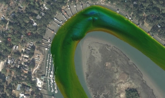map with river highlighted in green with depth indicators