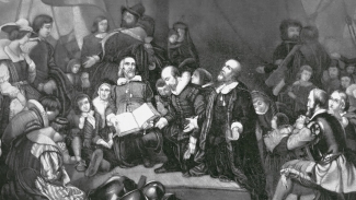 black and white engraving of puritan discussion and service