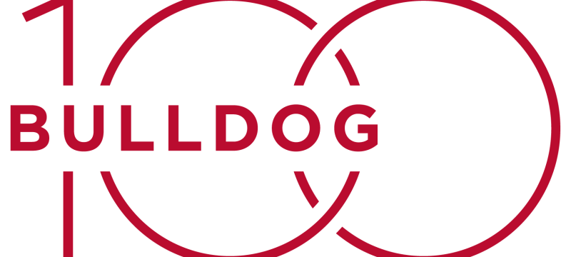 red logo on white background of Bulldog 100