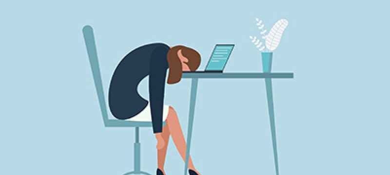graphic with figure laying head on desk with laptop, blue background