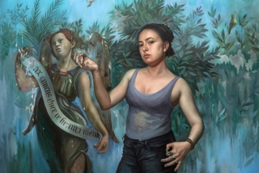 photo of painting with two female figures, blue background with leaves