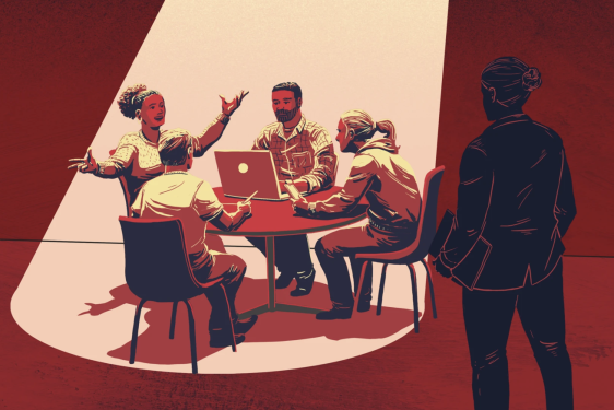 graphic with image of people sitting, talking at a table