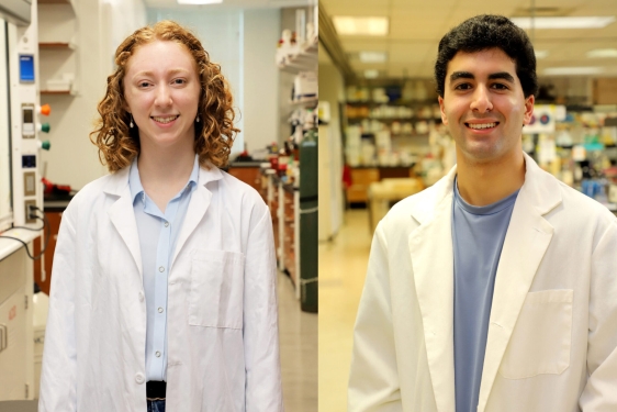 side-by-side photos of woman, left, and man, in lab coats