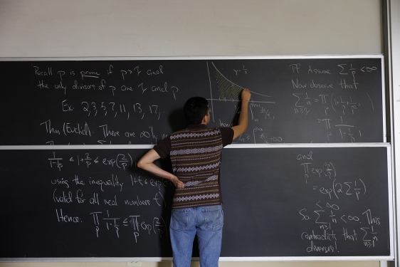 photo of person writing on chalkboard, back turned