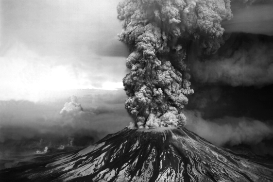 black and white photo of volcanic eruption