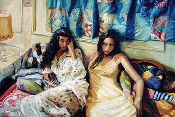 painting of two women, with quilts