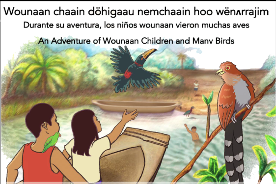 illustration with children, boar, water, and birds