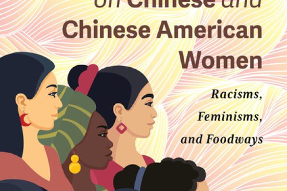 graphic illustration with women, text over flowing lines