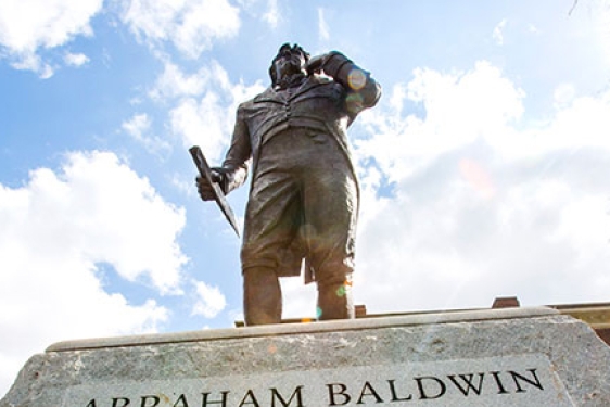 Baldwin statue from below