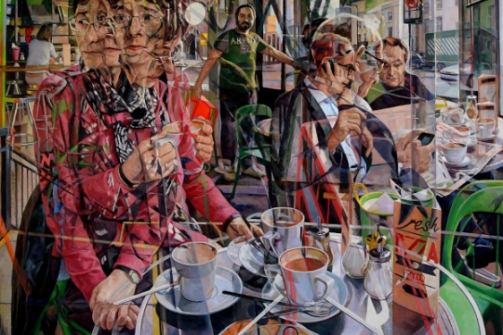cubist painting collage with people and coffee cups