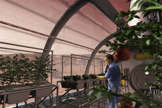 CGI rendering with figure and plants in greenhouse