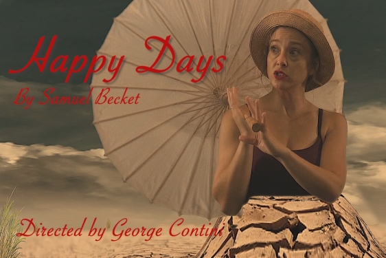 photo of woman with umbrella, graphic with red letters