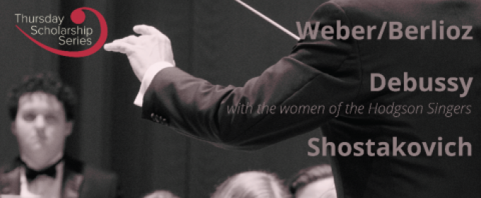 black and white photo of conductor, with white text 