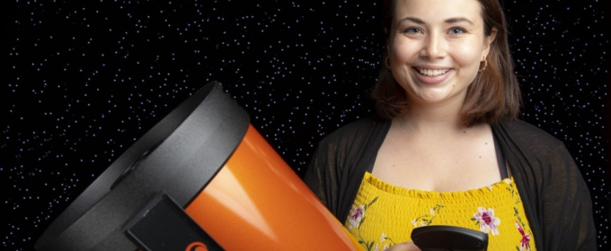 photo of woman with telescope and starry background