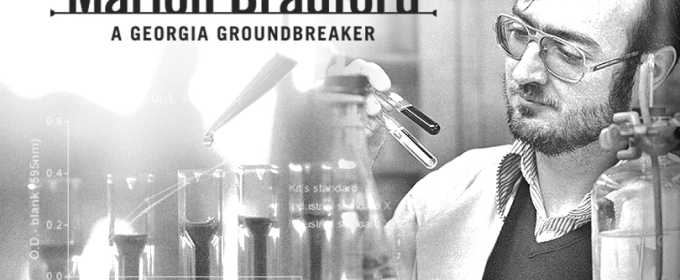 black and white photo of man and test tubes with graphic