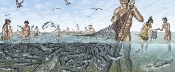 illustration of people fishing with a large net