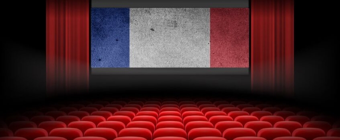 graphic of empty theater interior with French tri-color on screen